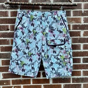 Artful Dodger Y2K Grunge Baggy Cotton white Skulls Tropical print Shorts Sz 36